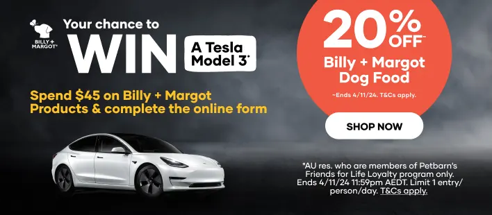 Petbarn Billy + Margot - Win a new 2024 Tesla Model 3!